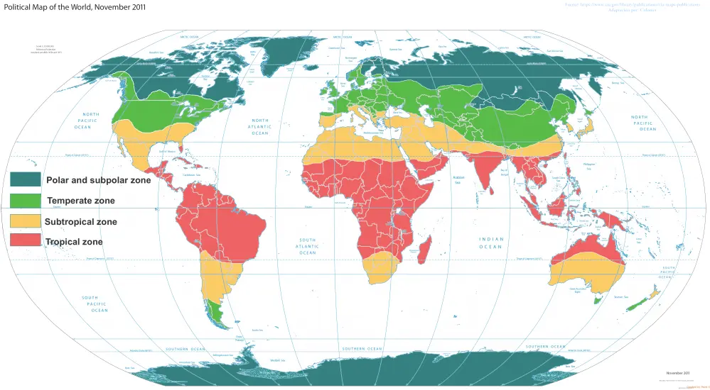 Global map of climate zones including polar/subpolar, temperate, subtropical, and tropical zones.