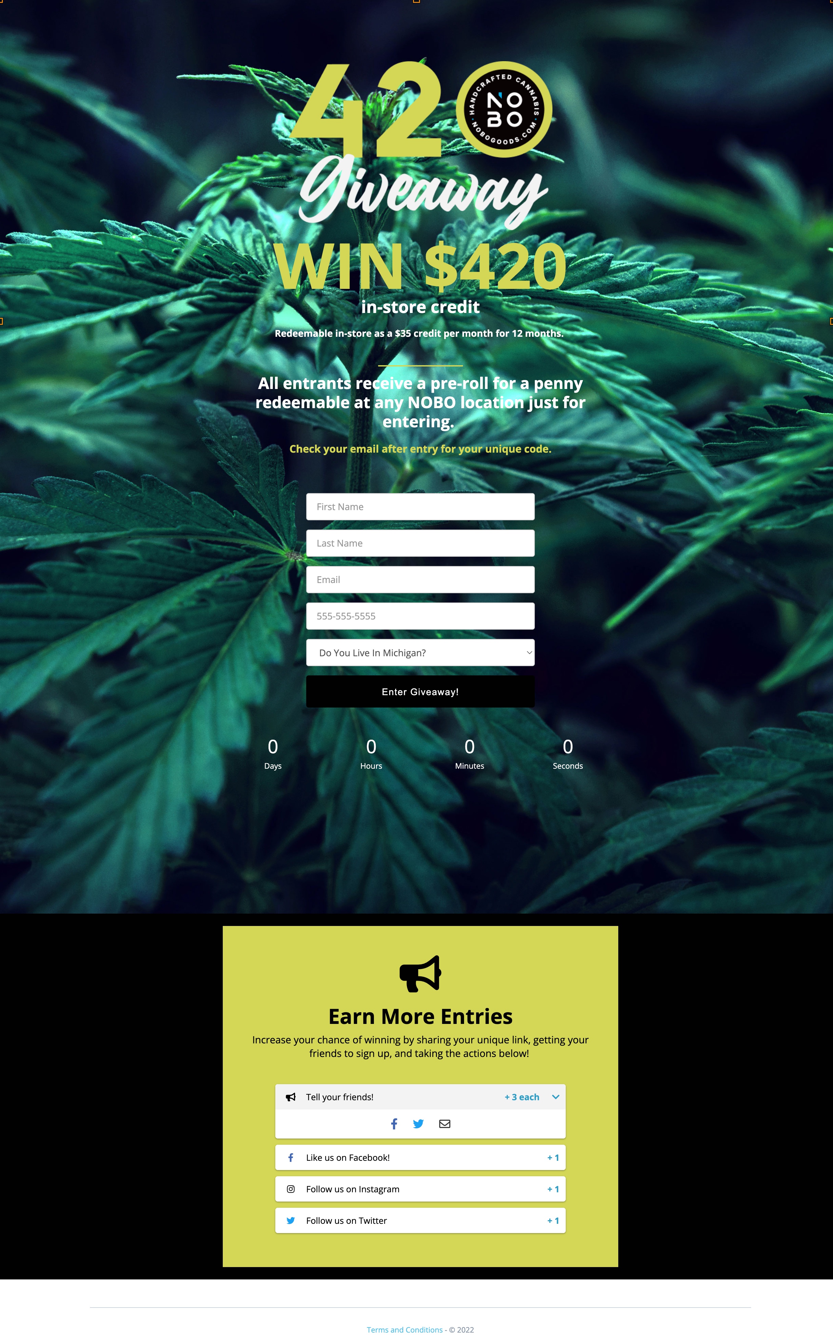 Cannabis giveaway example, win $420 worth of store credit