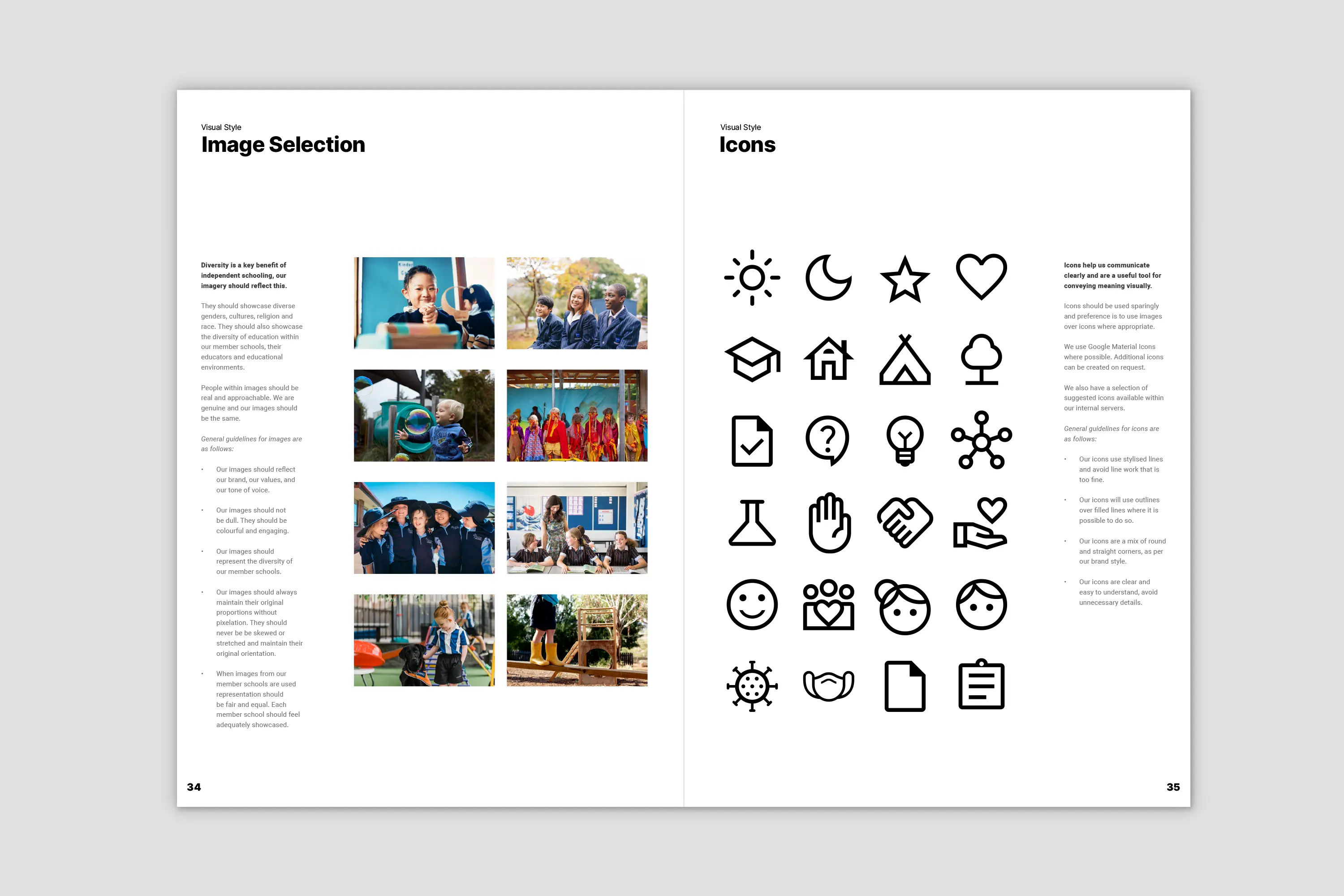 Independent Schools Tasmania brand guidelines - image and icon visual style spread