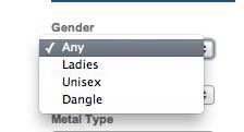 A screenshot of an online form with a "Gender" field and dropdown options of "Any", "Ladies", "Unisex", and "Dangle"