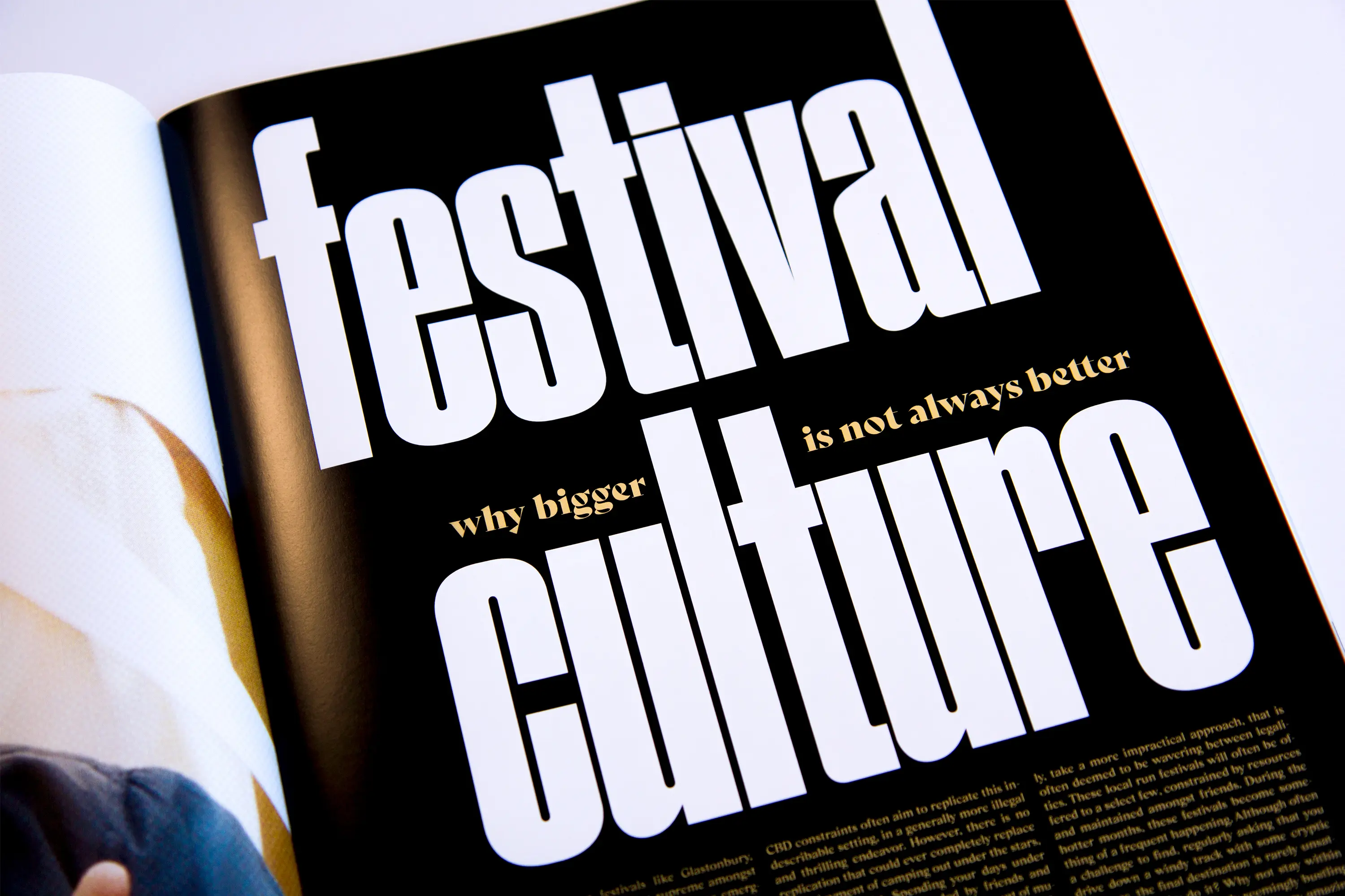 Resonate Magazine - page with large white text 'festival culture' on black background