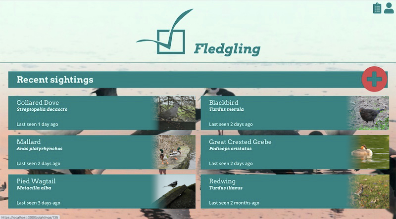 Screenshot from the homepage of the Fledgling app on a large screen