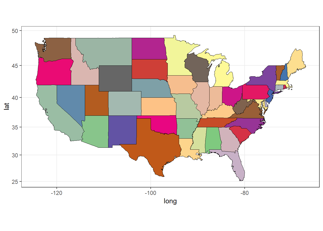 The colored state map of USA
