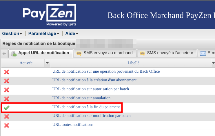 PayZen notification rules configuration with only one notification enabled for &quot;URL de notification à la fin du paiement&quot;