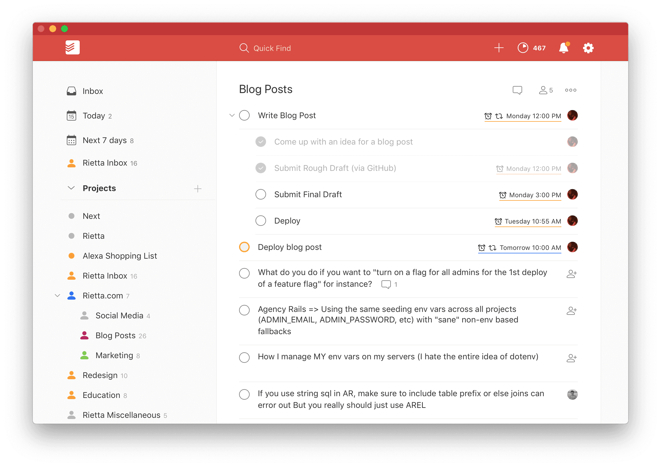 Todoist Dashboard - Blog Posts Project