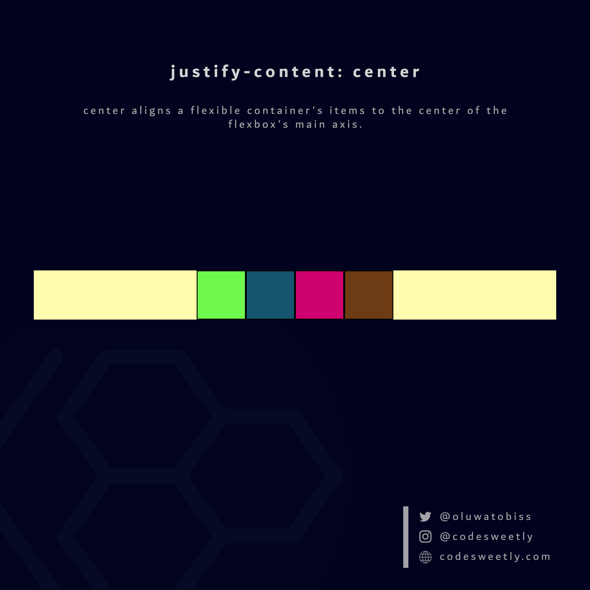 justify-content's center value aligns flexible items to the center of the flexbox