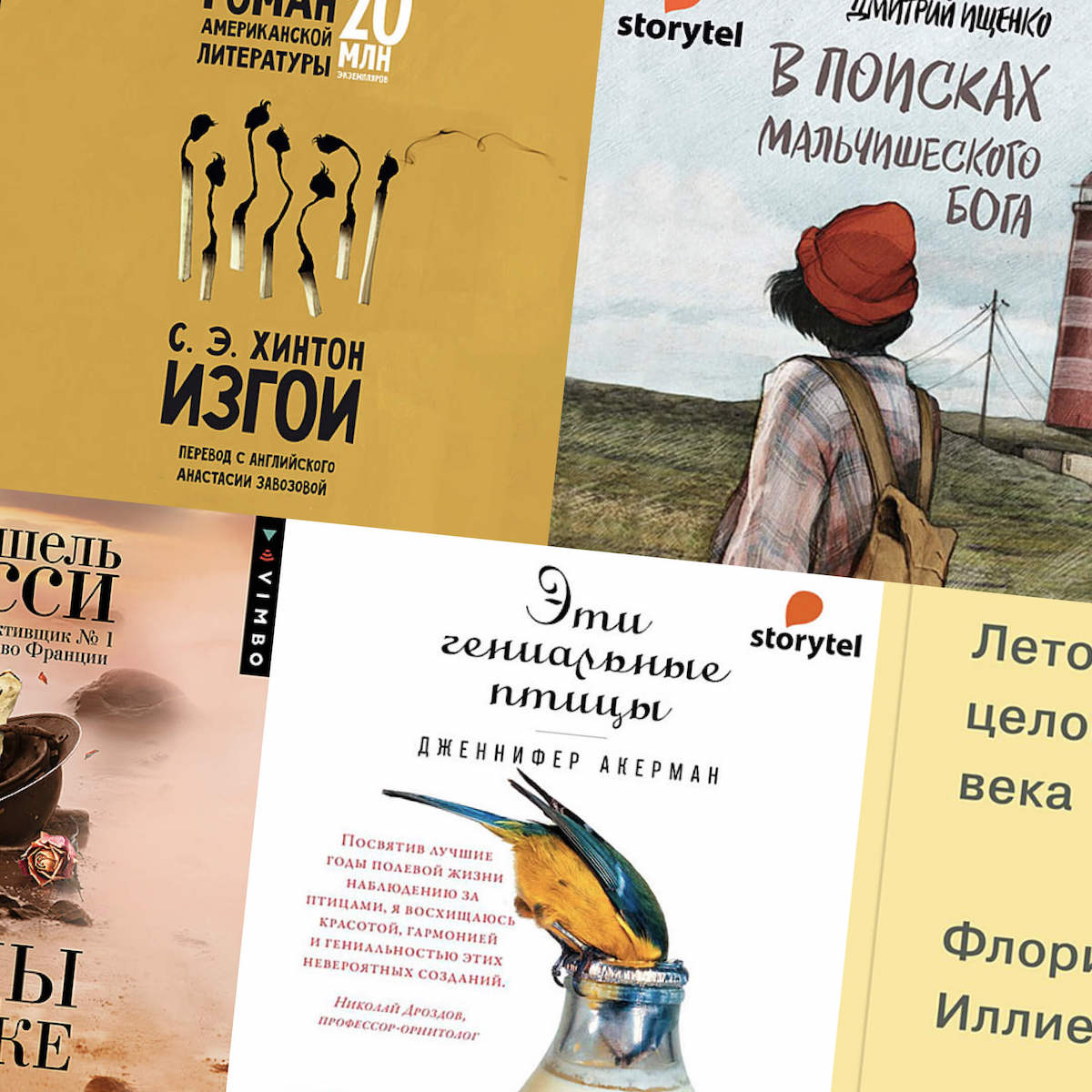 Обложки аудиокниг: «Лето целого века», «Изгои», «Эти гениальные птицы», «Следы на песке», «В поисках мальчишеского бога»