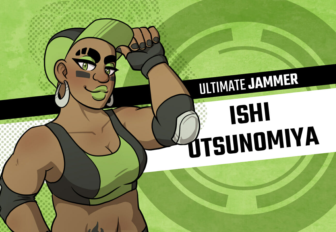 Introduction card for Ishi Utsunomiya, the Ultimate Roller Derby Jammer. She's a tall, curvy girl with light brown skin, neon green eyes, and black stripes painted on her cheeks like a football player. She's wearing a skimpy roller derby uniform and a black-and-green snapback.