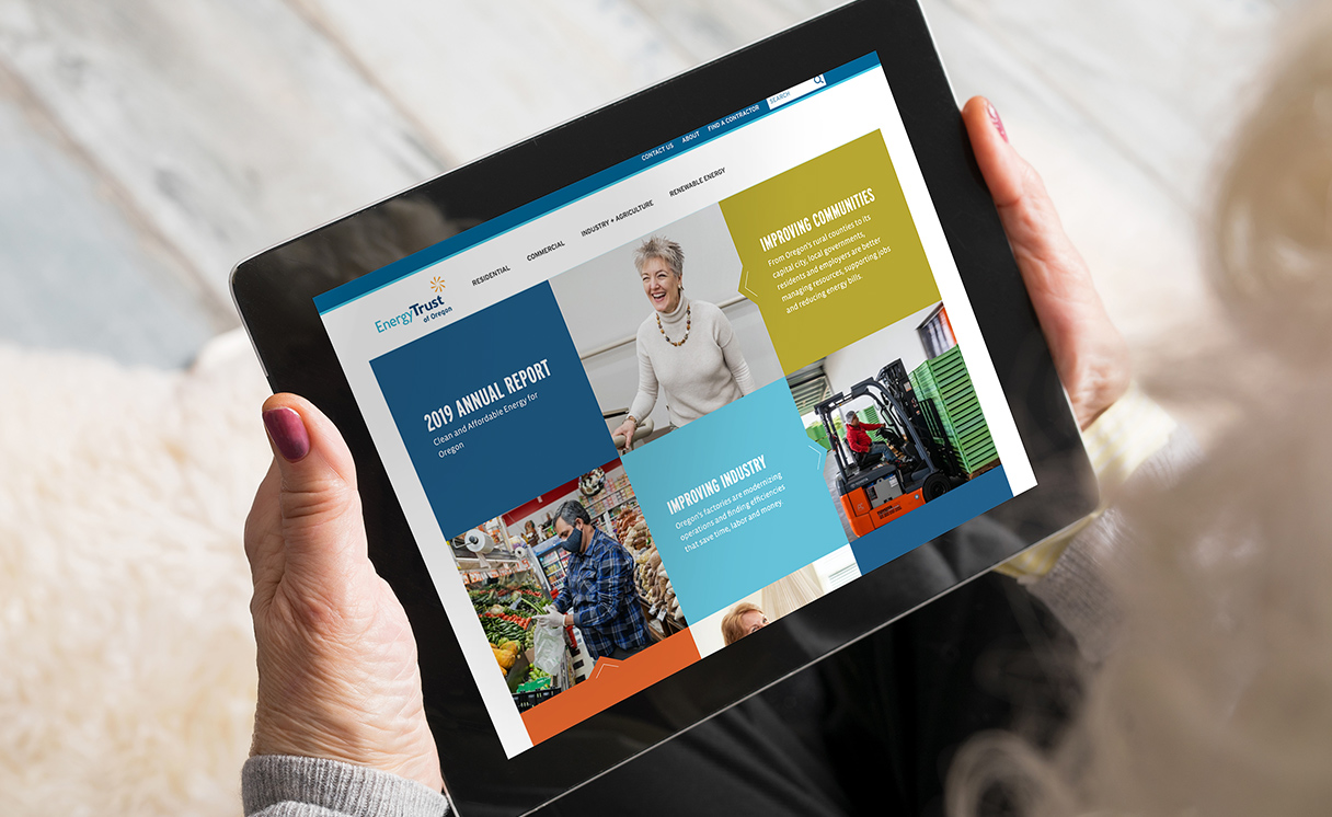 screenshot of the annual report mocked up on a tablet. The screenshot is a grid of altering images of people, and text call outs.