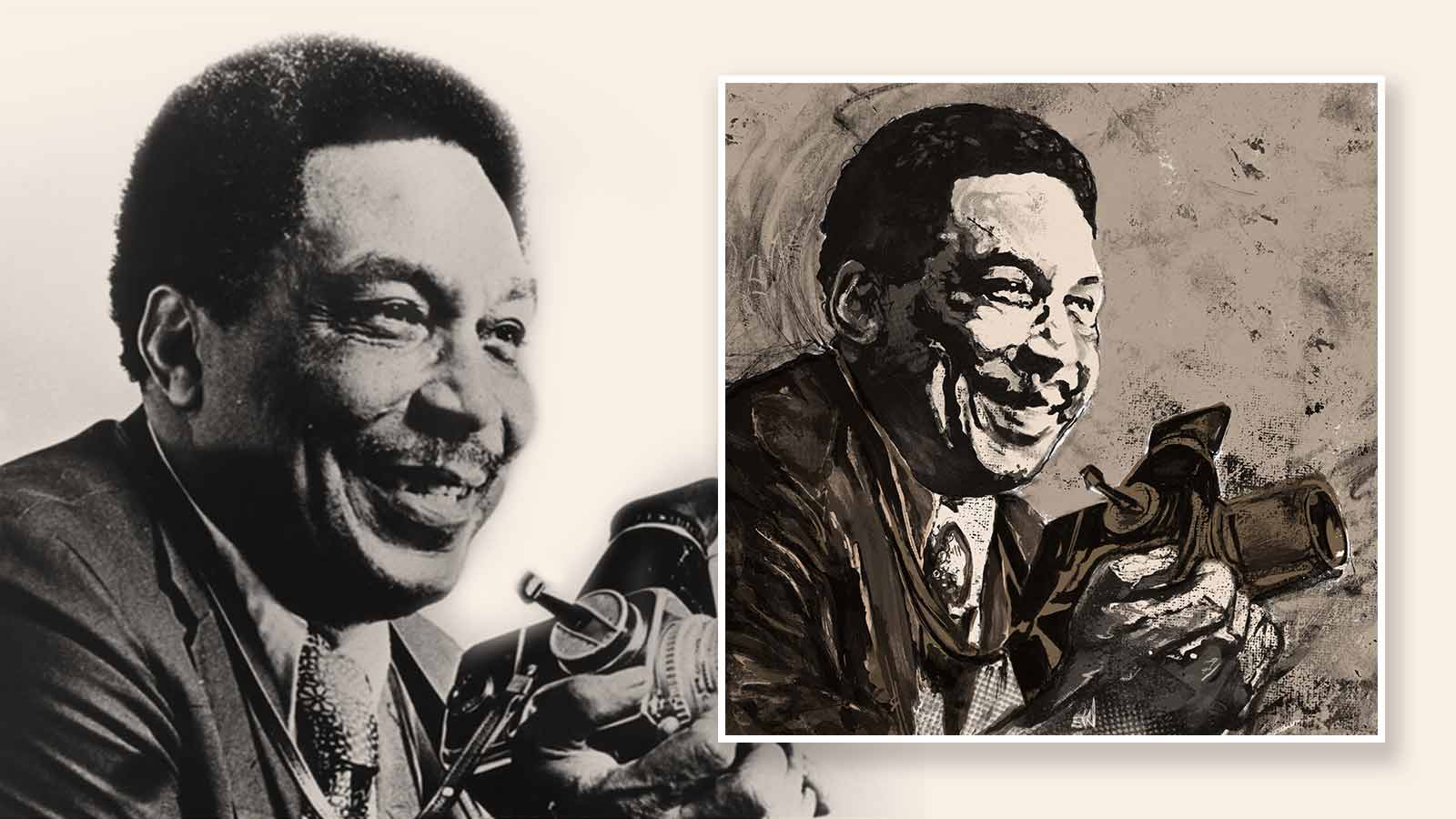 A sepia-tone image of Ernest Withers in a suit and tie holding a vintage camera next to an artistic rendering of the photo.