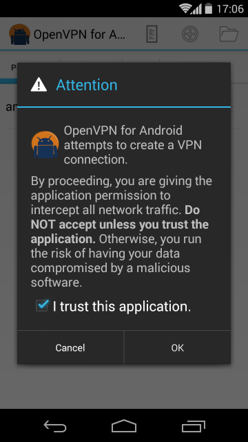 Android warning OpenVPN will be able to see all network traffic