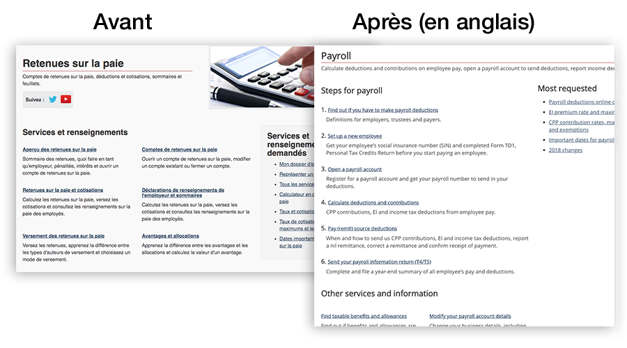 Capture d'écran montrant la page Retenues sur la pei avant et après et indiquant les différences.