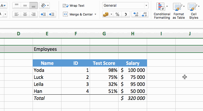 a excel table with a formatted table title