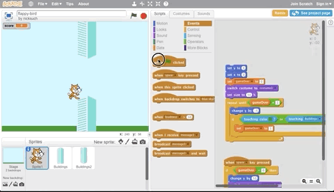 Flappy Cat project in MIT Scratch