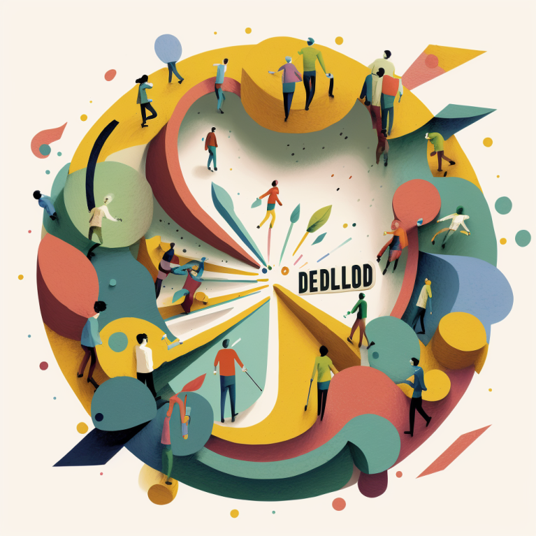A coloutful round image made up of lots of shapes with lots of people scattered around it, int he centre is the word Dedllod which is midjourney&rsquo;s attempt at behold