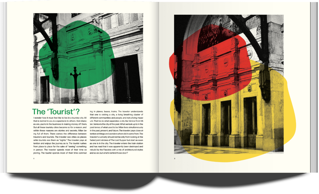 a publication spread: photos of Milan Central station. Page Title: The Tourist?