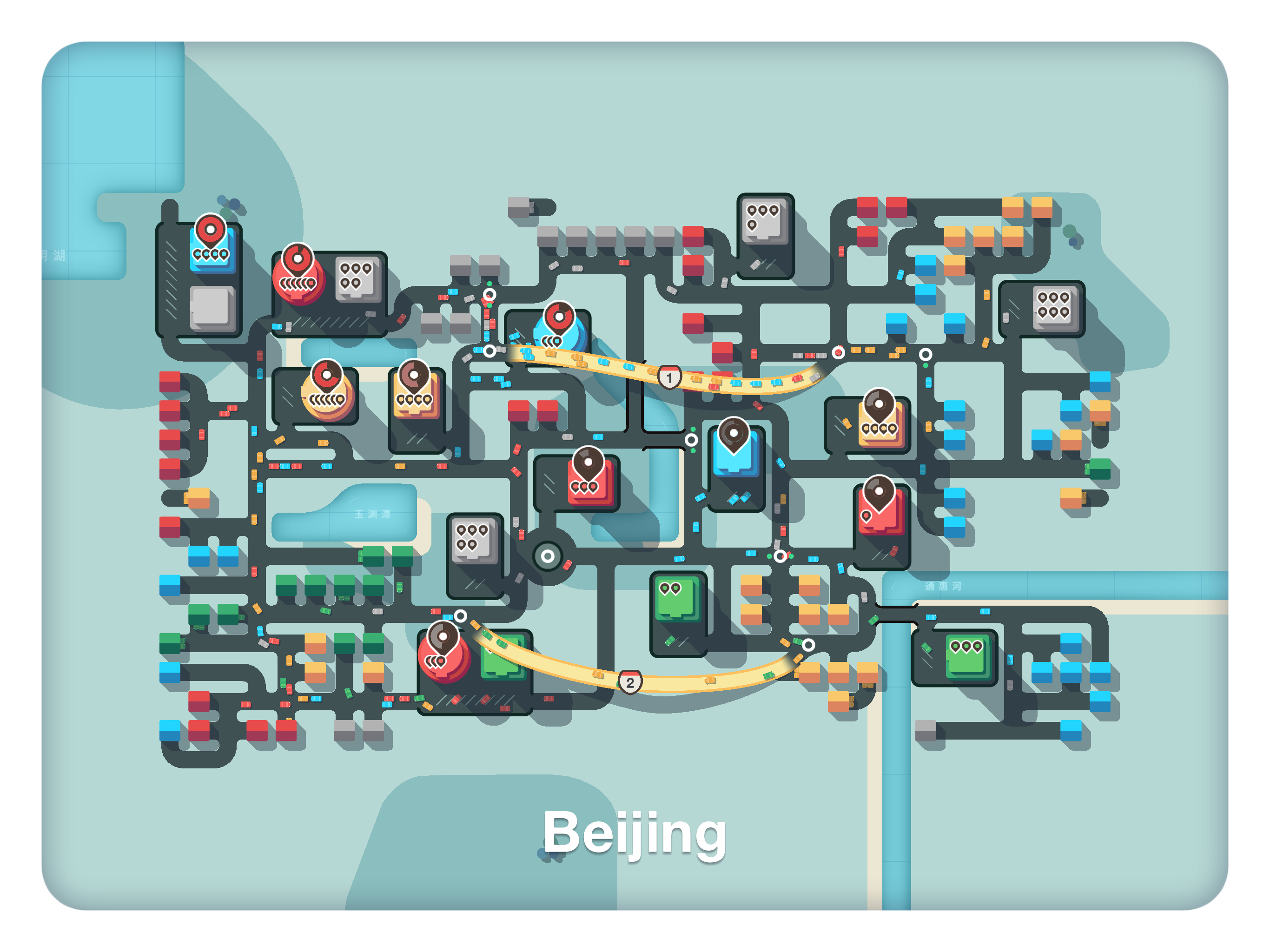 Game screenshot showing a mess of roads and traffic for Beijing. All roads are drawn in 90 degree angles.
