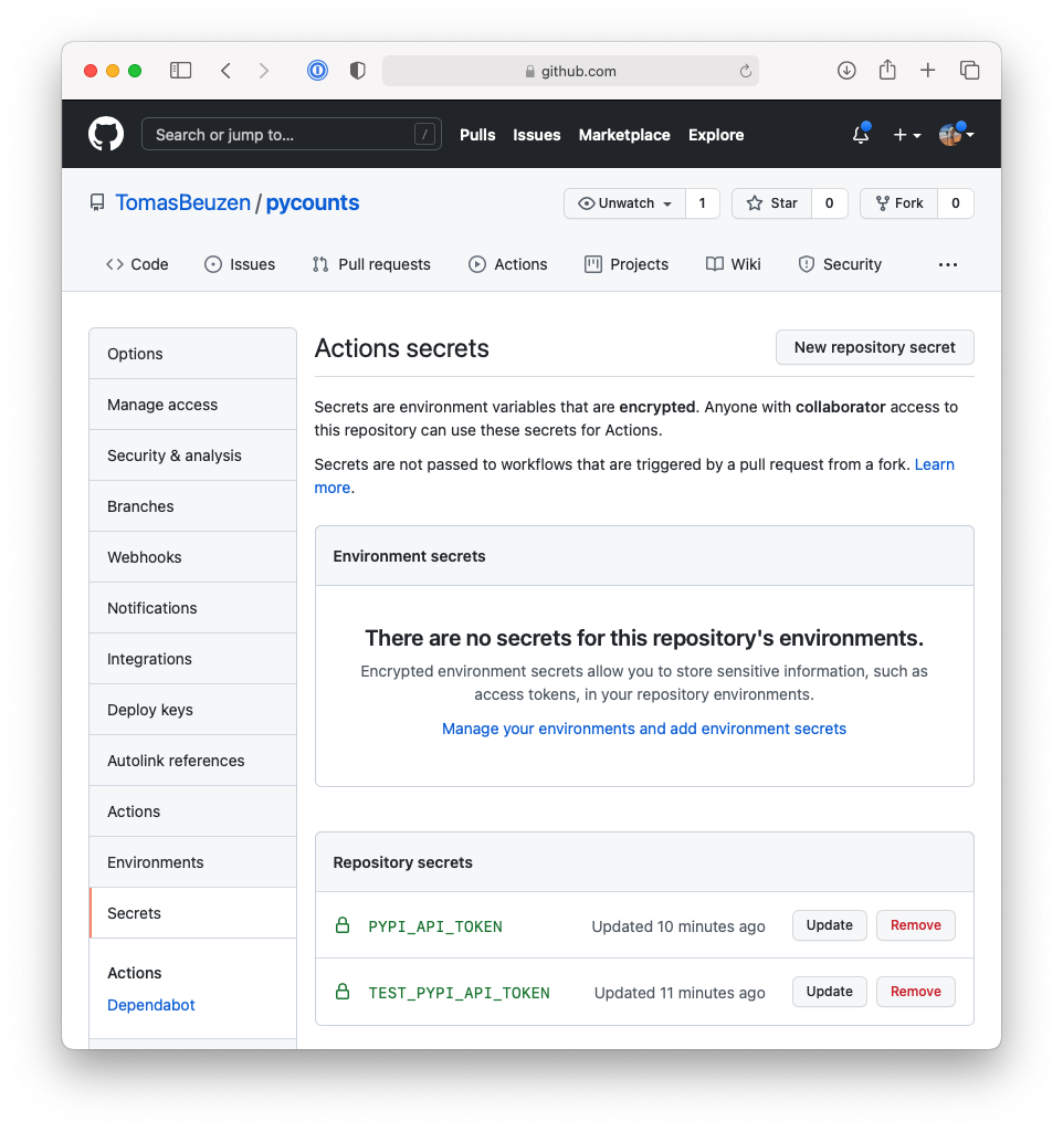 Adding the PyPI API token secret to our GitHub repository.