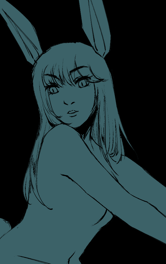 Sketch of a woman with tall bunny ears looking over her shoulder. Her arms strategically cover her chest.