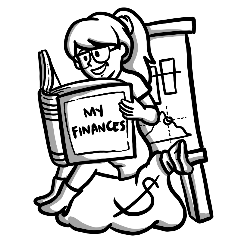 Character sitting on money bag, reading a book with the title 'My Finances'.