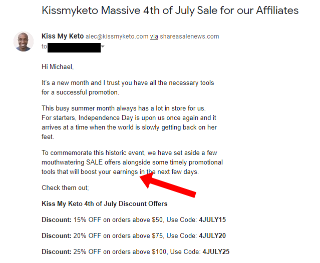 Kiss My Keto encourages affiliates to share sitewide discount codes