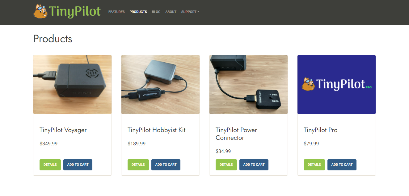 Screenshot of old TinyPilot product page, listing Voyager and Hobbyist kit side-by-side
