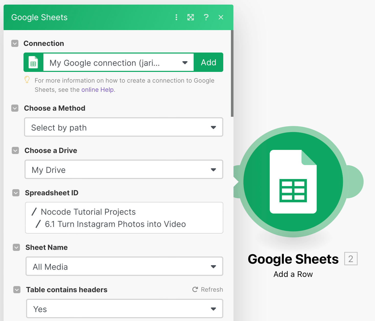 Screenshot of Make Google Sheets add a row module setup