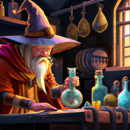 a wizard filling an elixir into a bottle in a dusty laboratory