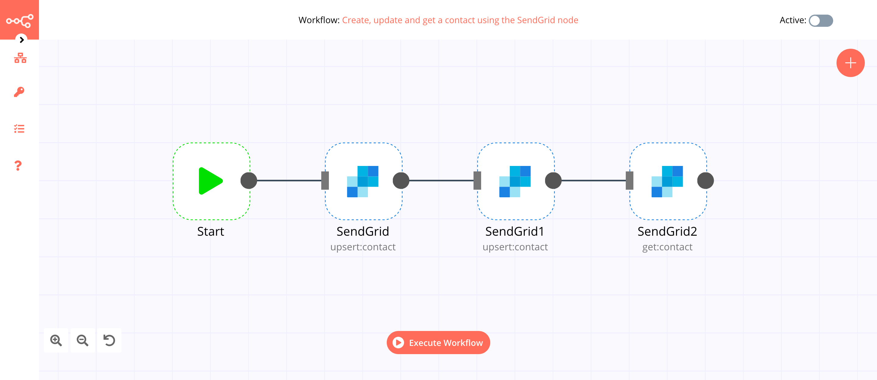 A workflow with the SendGrid node