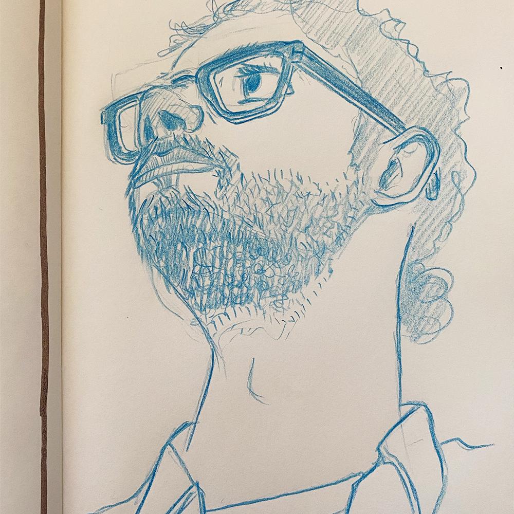 A self-portrait sketch in pencil by Adam Westbrook