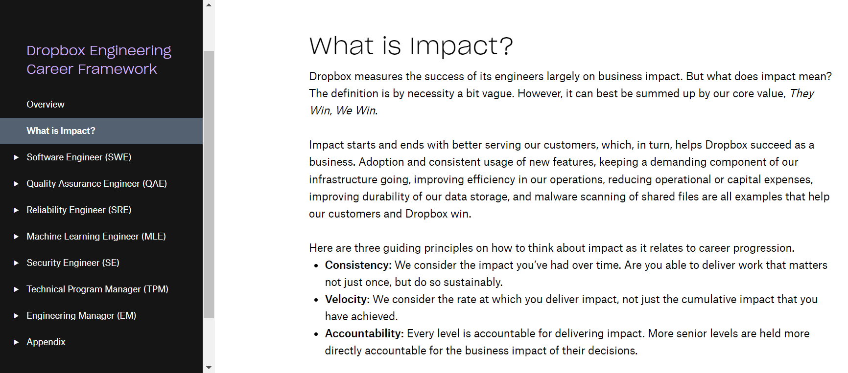Screenshot of Dropbox's career progression framework explaining what Impact means
