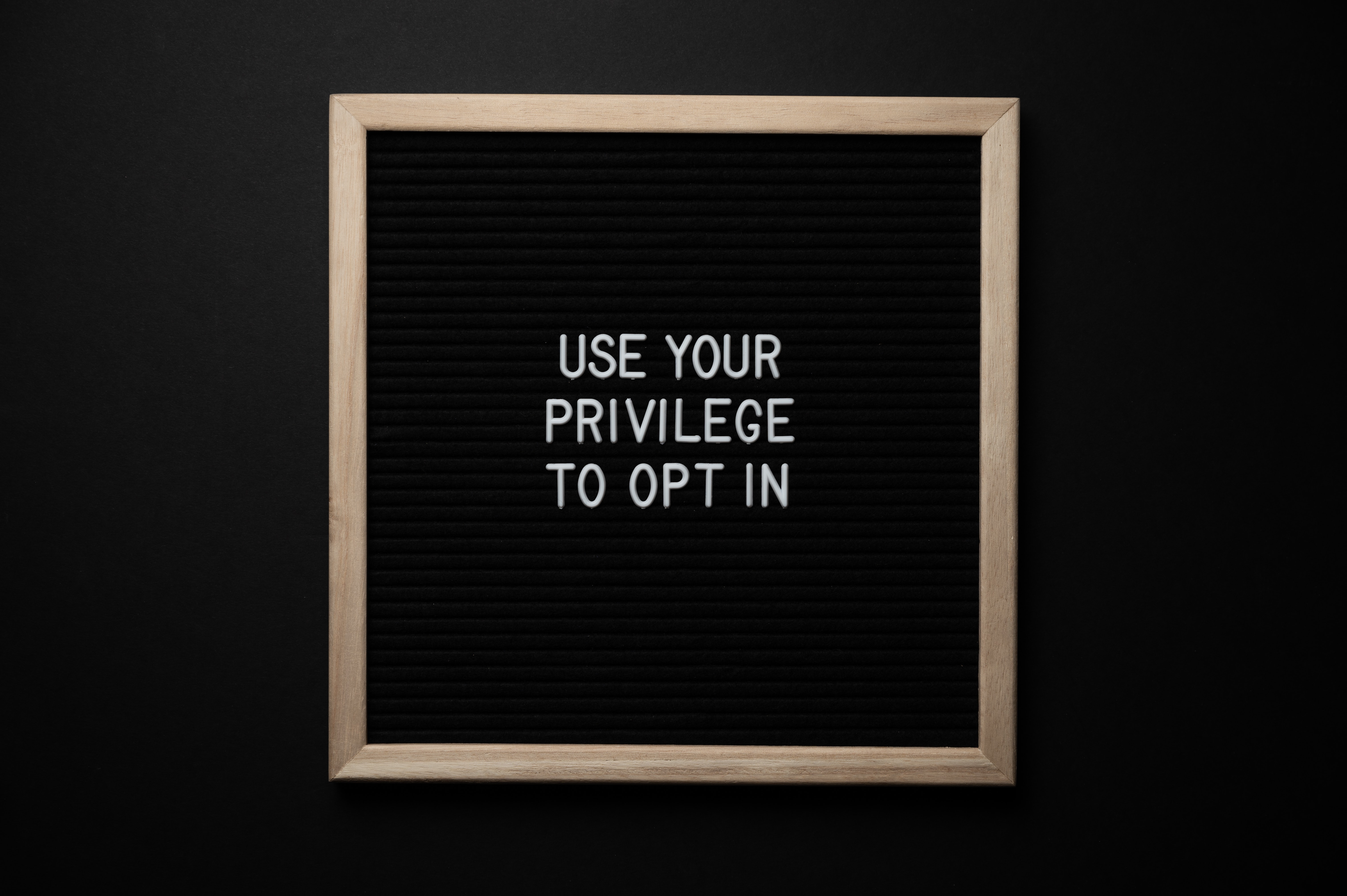 A wooden frame with white inscription reading "Use your privilege to opt in"