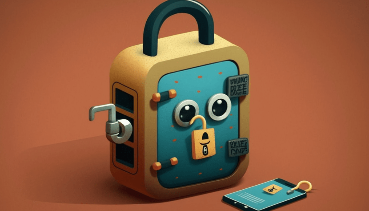 A cartoon lock with two-factor authentication symbols like a smartphone and a key.