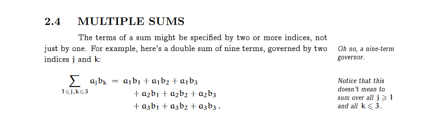 A page from a math textook, discussing ‘a double sum of nine terms, governed by two indices.’ Next to it is a margin note that reads, ‘oh no, a nine-term governor.’