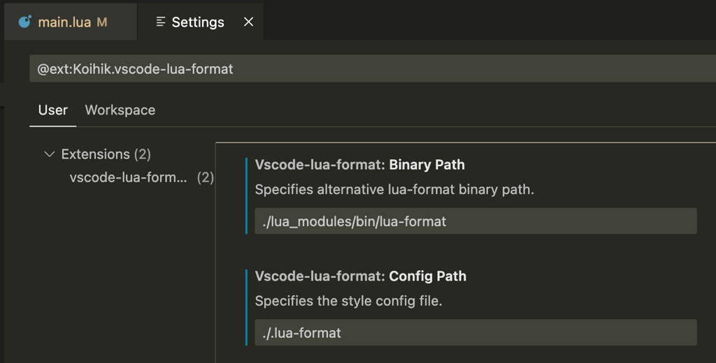 A screenshot of the settings in VSCode to enable LuaFormatter, showing the binary path and format config path options.