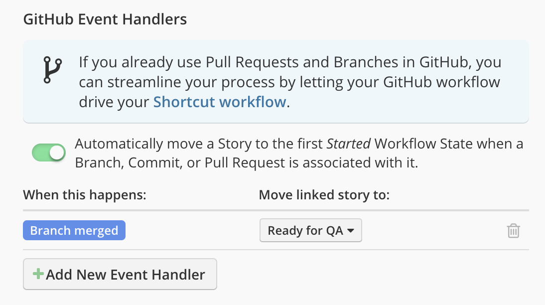 Shortcut GitHub Event Handlers Example