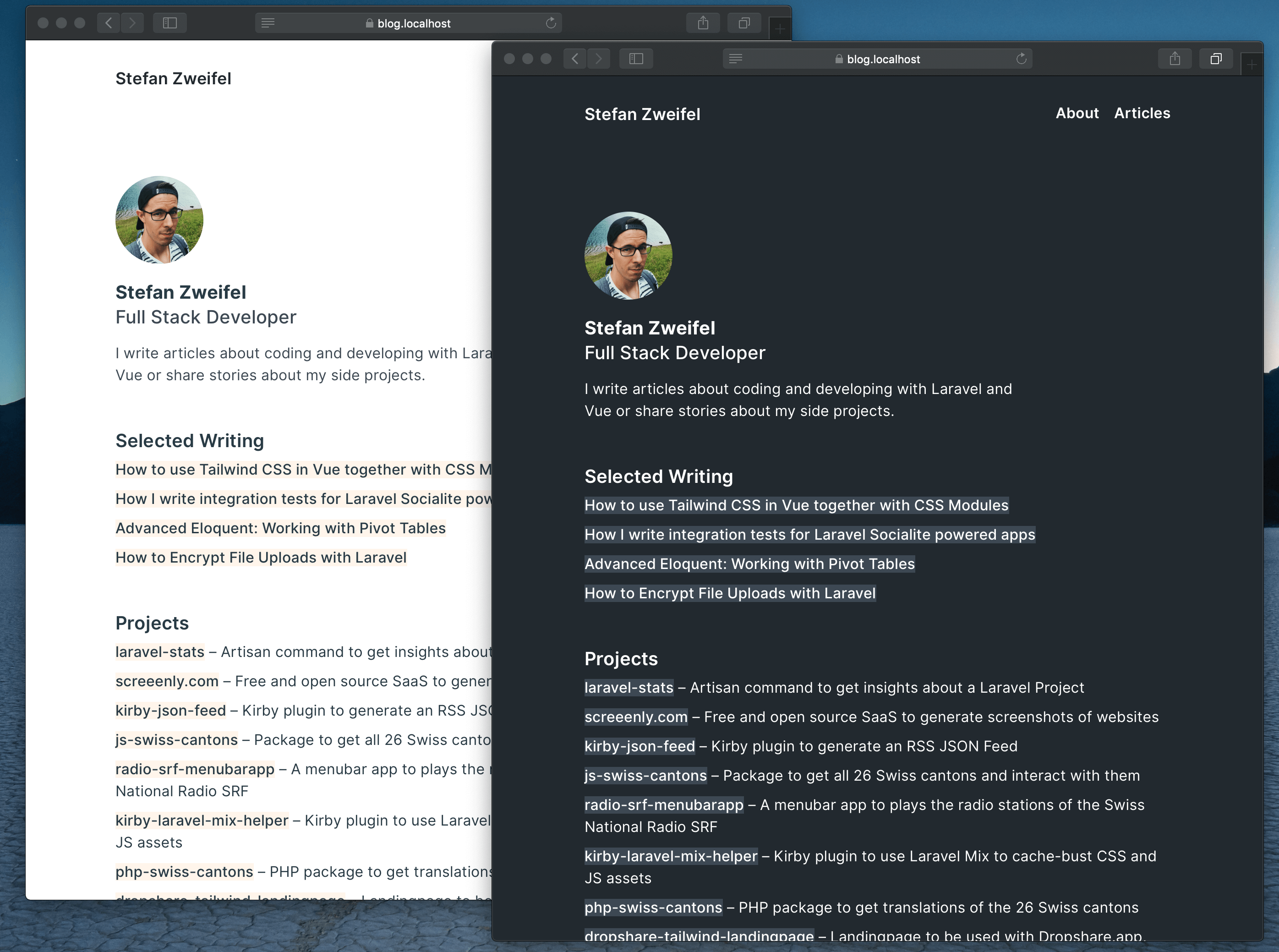 Screenshots of stefanzweifel.io: Light Mode and Dark Mode