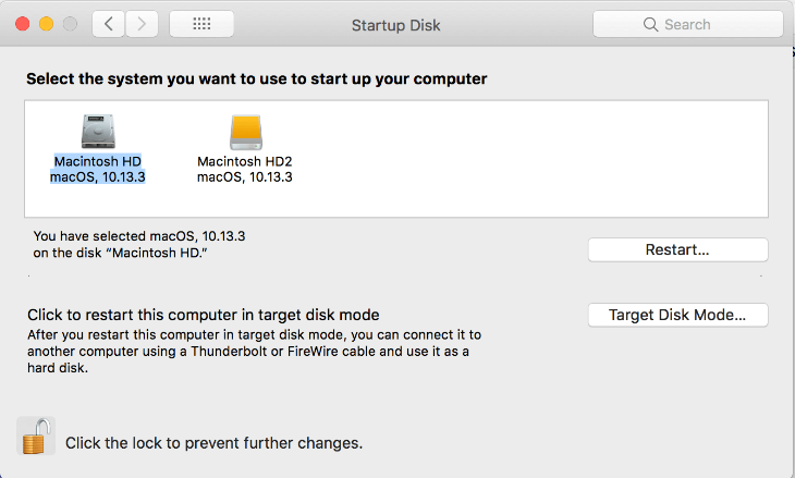 Výběr disku v nastavení Startup disk