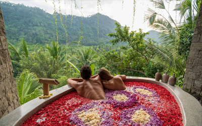 The Kapha Spa offers massages and wellness overlooking the Balinese countryside.