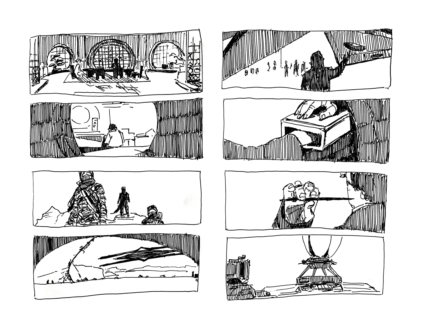 Various frames from Dune drawn in ink.