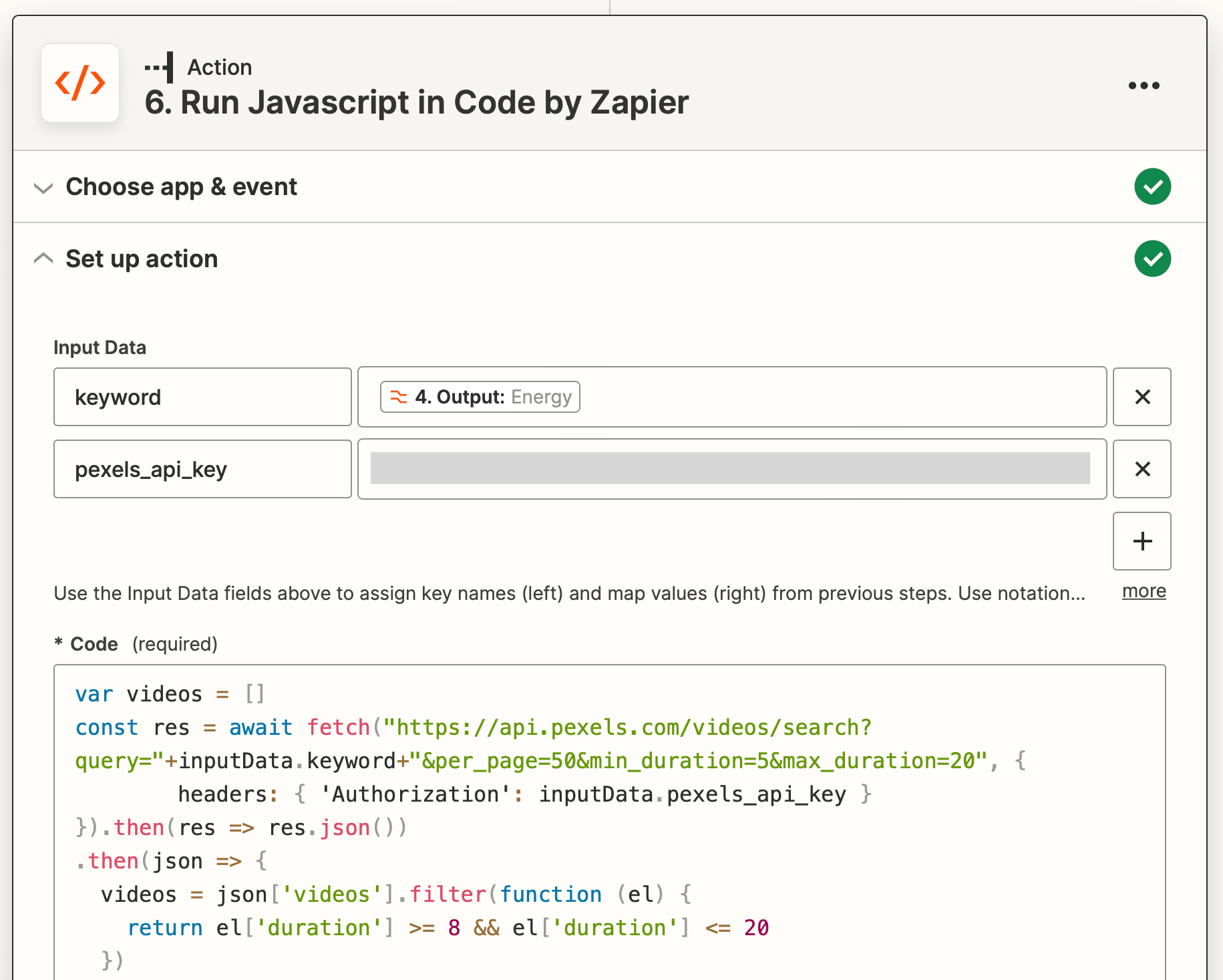Screenshot of Zapier run Javascript in code action setup