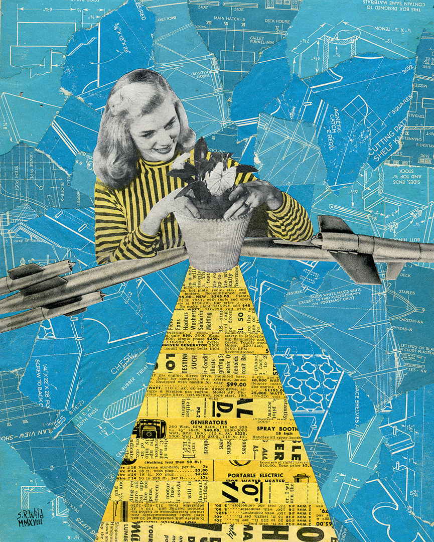 Woman in a yellow and black vertical striped sweater putting a flower in a pot with her elbows on rockets. A large trapezoid of yellow strips from magazine clippings is coming out of the flower pot’s base. Background is torn pieces of blueprints.