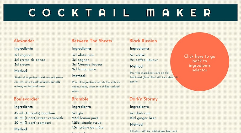 Screenshot from the 'possible cocktails' page of the Cocktail Maker app on a large screen