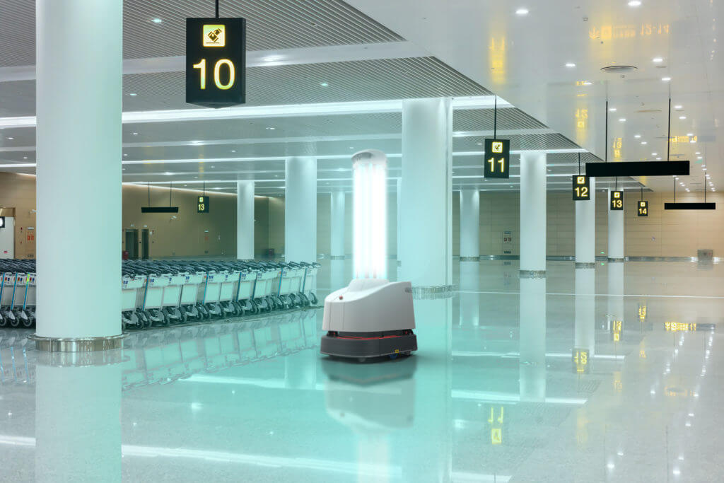 Image of a third-generation UVD Robot in an airport.