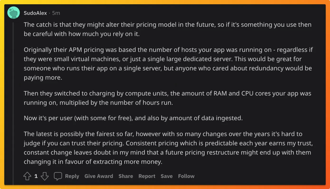 Reddit post discussing issues about pricing model of New Relic