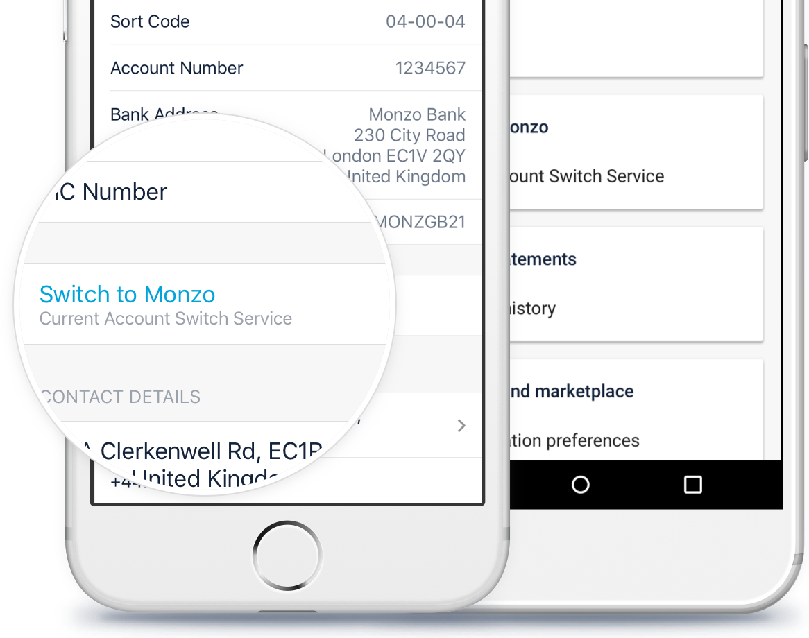 Current Account Switch Service location in the Monzo iOS app