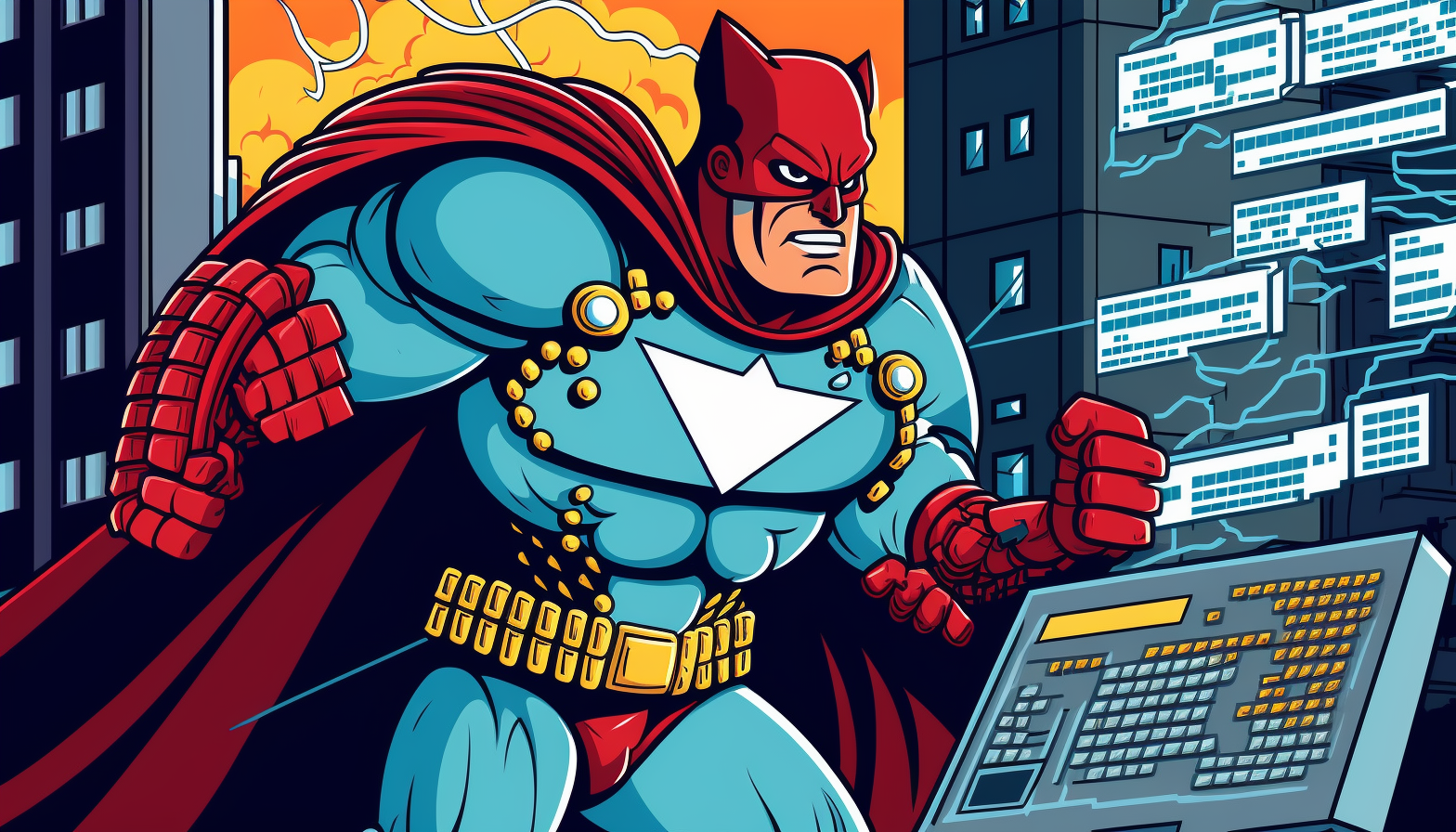 A cartoon image of a cybersecurity superhero defending a city against cyber threats.