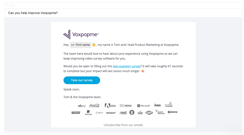 Feedback Email Examples: Screenshot of Voxpopme's email asking for customer feedback