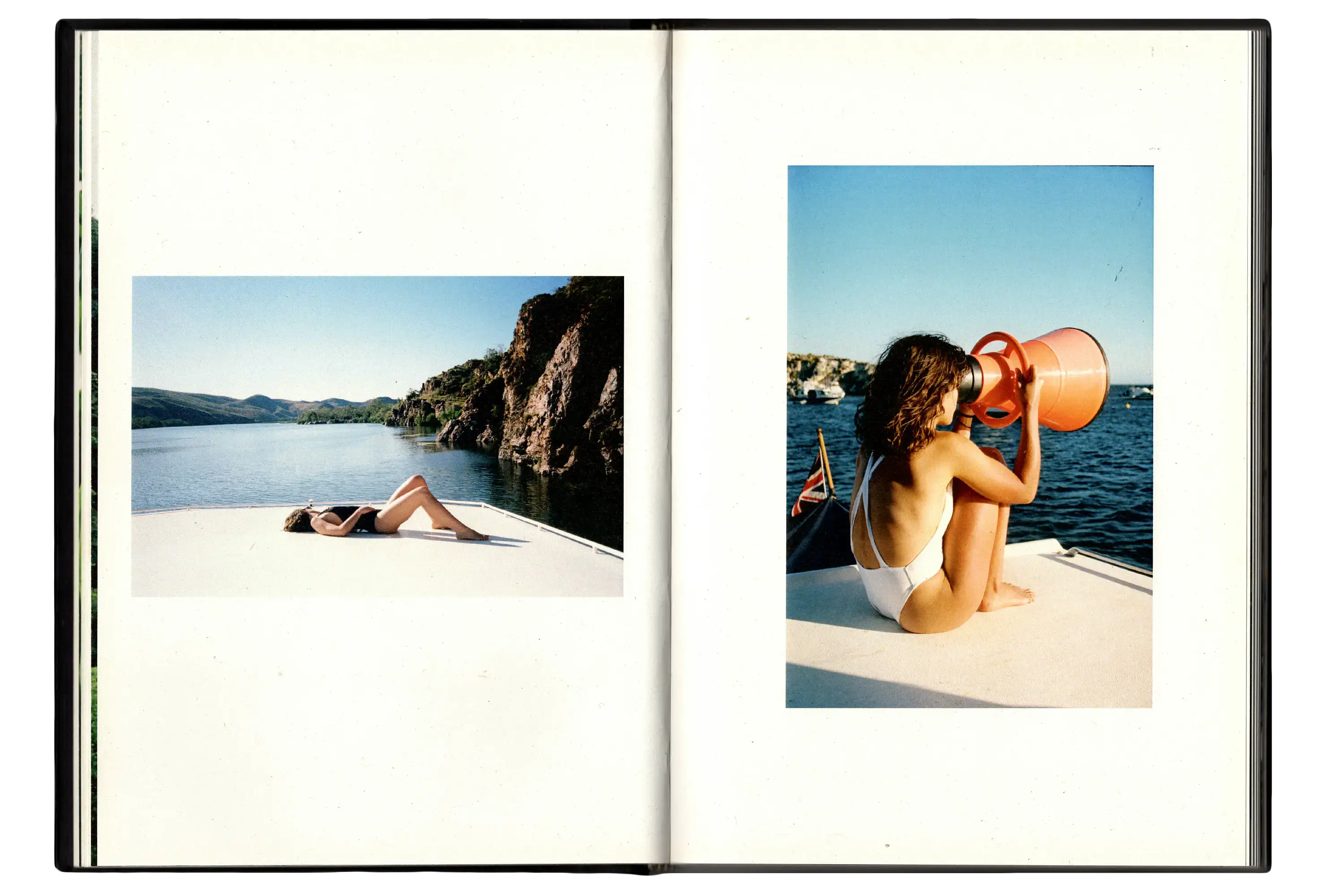 Imperfect Photo Book - left page image of woman laying on boat with water and mountains in the distance, right page image of woman looking through a large orange device while sitting on boat