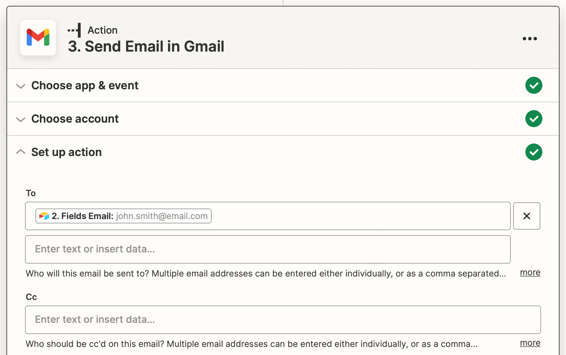 Screenshot of Zapier Gmail send email action setup